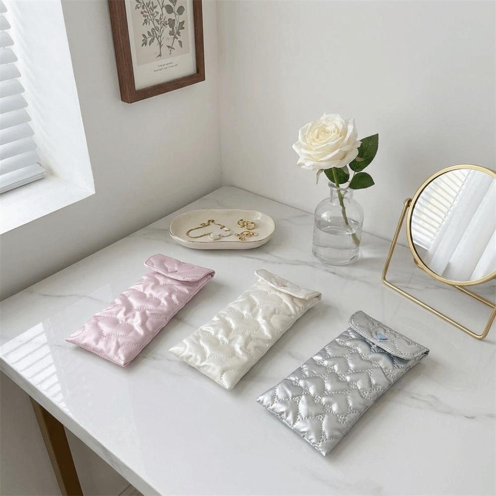 PU Bow Sunglasses Pouch Quilted Satin Heart Embossed Eyeglasses Storage Case Snap Button Portable Lightweight