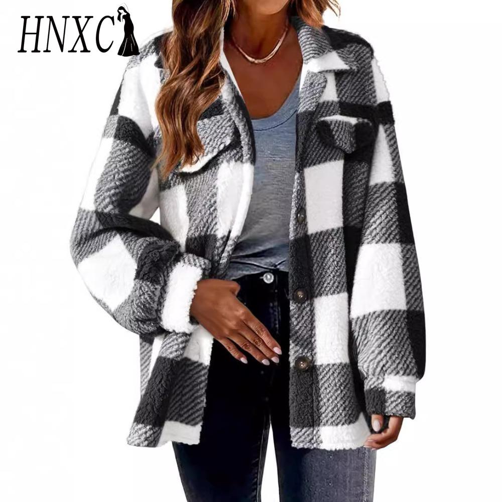 HNXC Женские винтажные повседневные решетчатые куртки и пальто с длинным рукавом и воротником-поло на осень-зиму