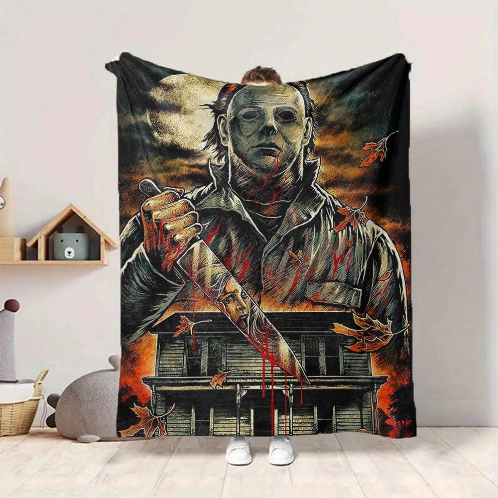 1Pc Halloween Horror Poster Flannel Blanket, Soft And Comfortable, Casual Warm, Camping Travel, Christmas, Halloween Xmas Gift L1303