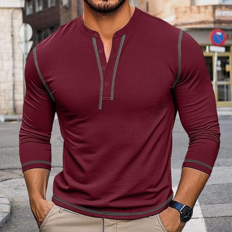 Мужская винтажная футболка-henley с длинным рукавом, блоками цвета и круглым вырезом, повседневный топ