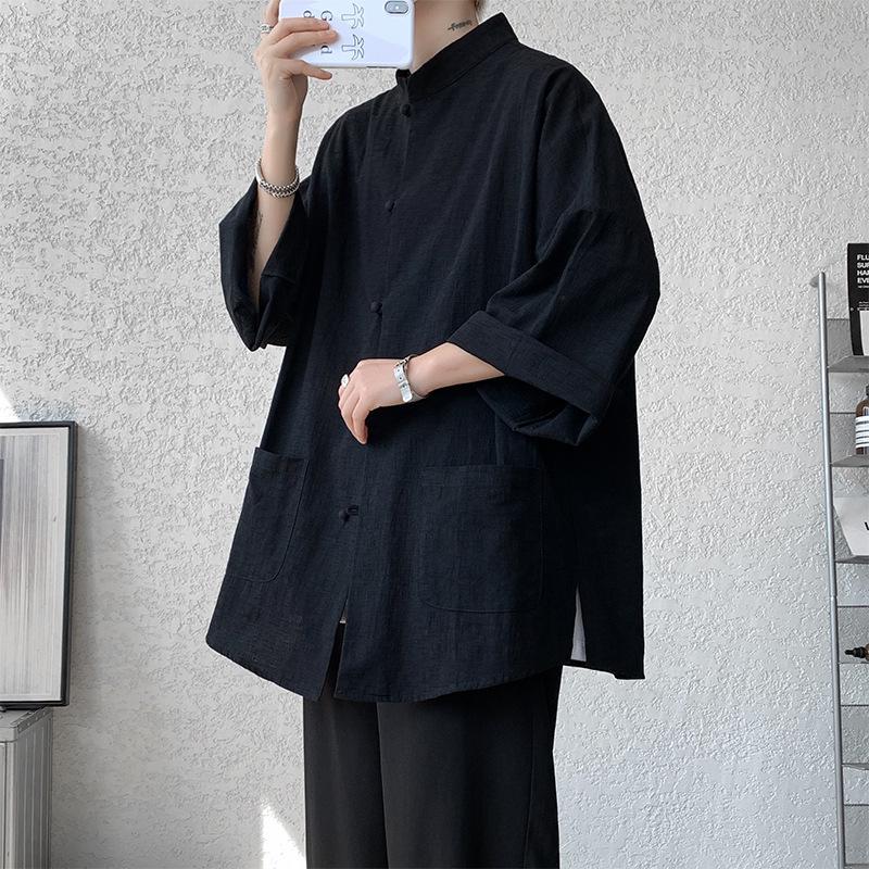 Мужская льняная рубашка с длинным рукавом в китайском стиле с пуговицами, пиджак в стиле ханьфу-тан, большой размер