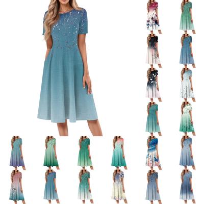 Женское повседневное модное платье миди с круглым вырезом и коротким рукавом с принтом