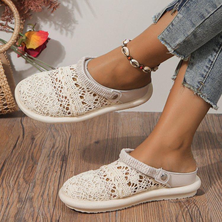 Летние милые сандалии, женская дышащая женская обувь с закрытым носком, легкие сандалии на мягкой подошве на плоской подошве, кружевные уличные повседневные шлепанцы