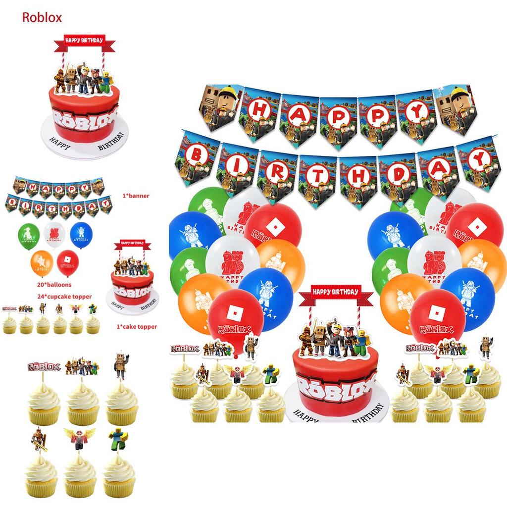 Яркие принадлежности для дня рождения Roblox: Баннер и топперы для торта. Идеально для юных геймеров