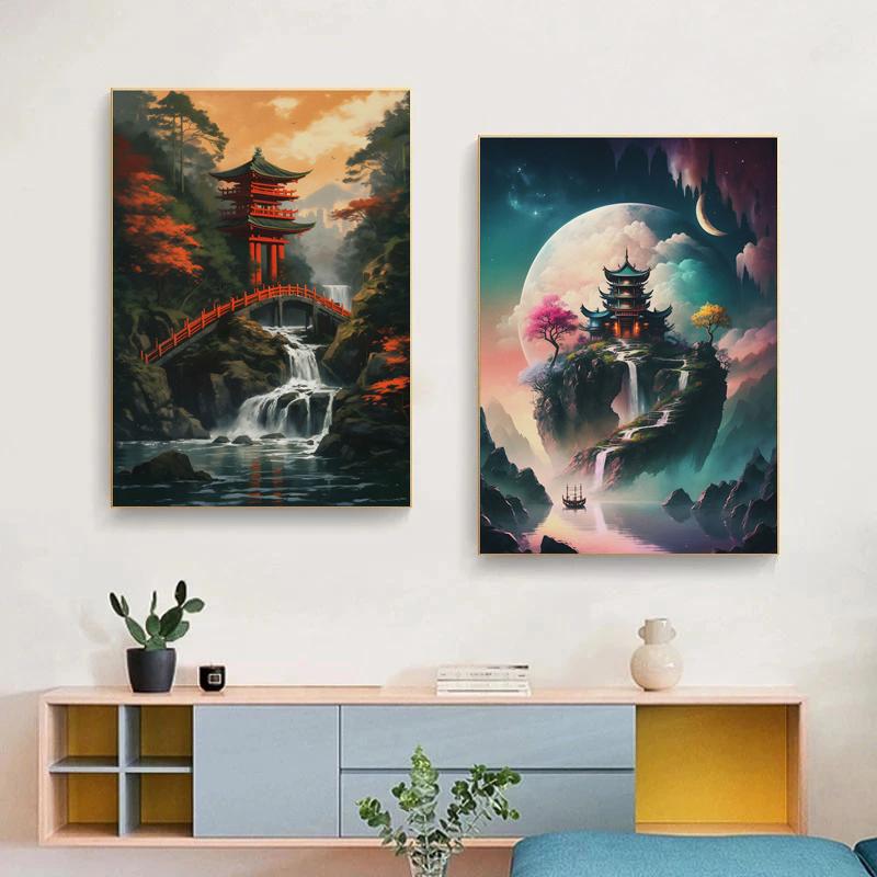Abstract Art Japanese Fuji Mountain Poster Canvas Cyberpunk Landscape Corridor Wall Decor Picture Living Room Mural