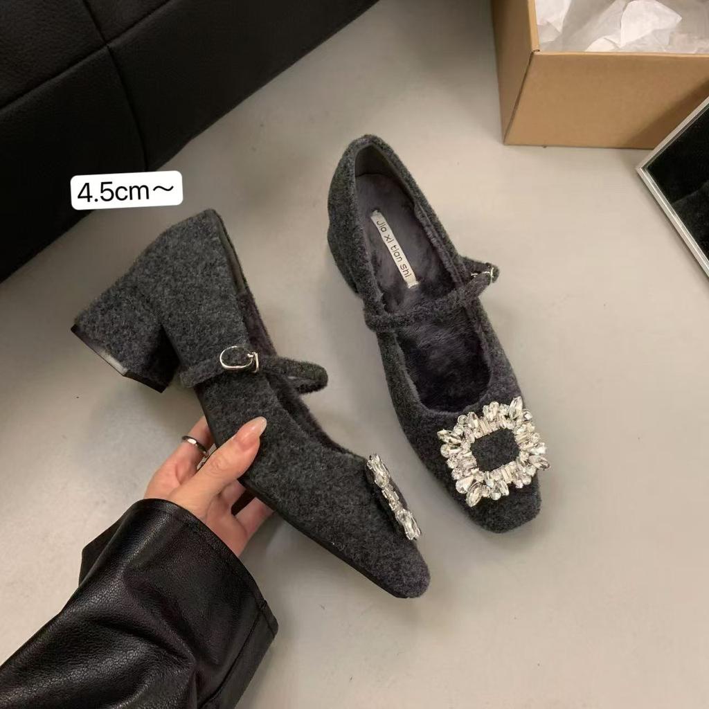 French velvet gray Mary Jane fluffy shoes women's shoes 2025 autumn and winter temperament high heel square head rhinestone shoes