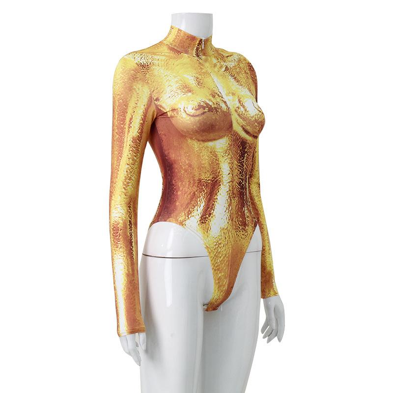 Женский модный принт с черепаховым вырезом, топы с длинными рукавами, боди, комбинезон