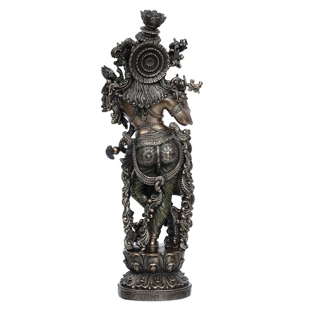 Handcrafted Polyresin Bronze Finish Lord Krishna Idol Playing Flute & Standing On Lotus Flower Statue For Pooja Room, Home, Living Room, Office Decor