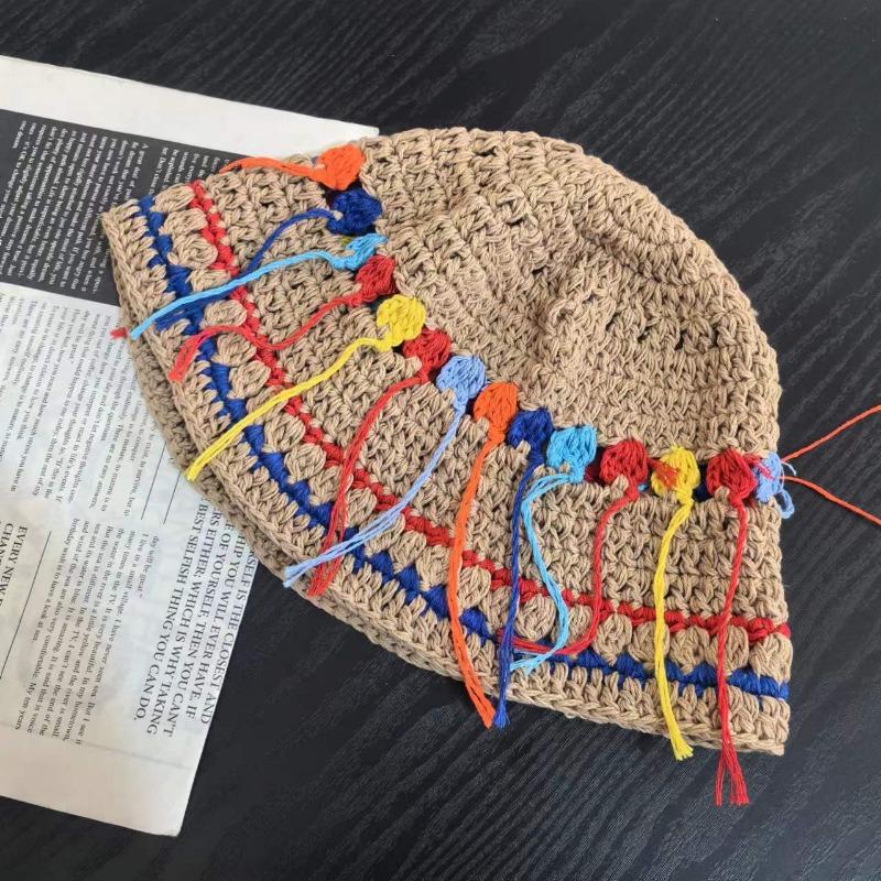 Корейская свежая ручная вязка крючком цветная бахрома шляпа-ведро для женщин весна-лето путешествия повседневная милая универсальная хлопковая вязаная шапка