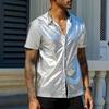 Yousheng Men Summer Shirt Glossy Surface Turn-down Collar Single-breasted Cardigan Loose Party Shirt Mid Length Casual Wear Top