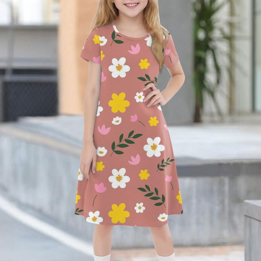 Детское летнее повседневное модное платье с короткими рукавами и круглым вырезом