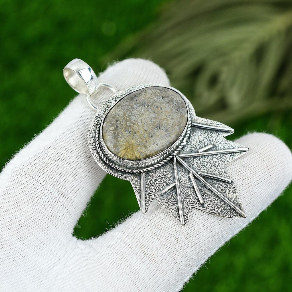 Натуральный ископаемый коралл драгоценный камень кулон серый стерлинговое серебро 925 пробы индийские украшения