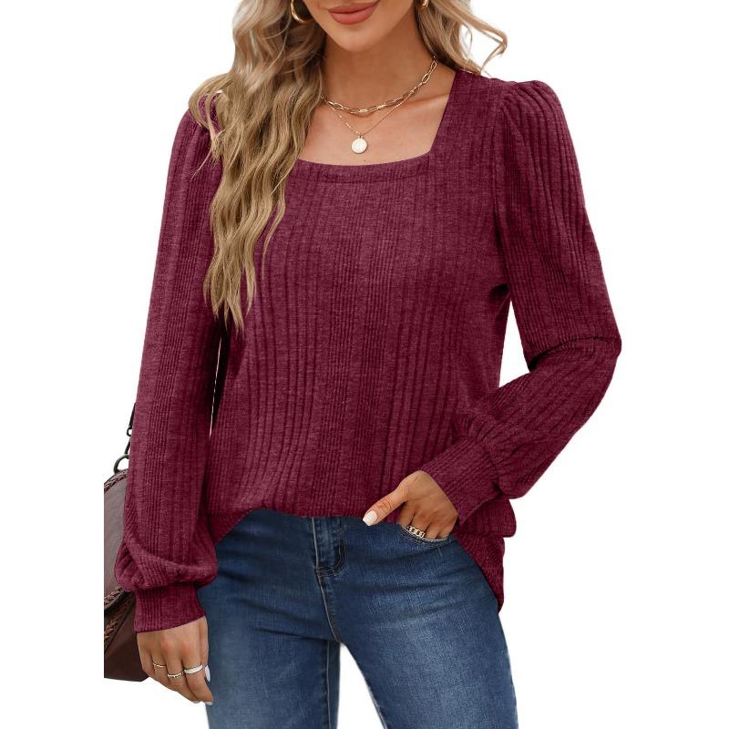 Spring and Autumn Women's Blouse Pit Stripe Brushed Square Neck Fashion Lantern Sleeve Long Sleeve Top