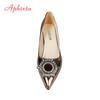 Fashion Aphixta Fashion Bling Champagne 7cm Chunky Heels Pumps Women Shoes Luxury Crystals Sun Buckle Party Wedding Super Big Size 30-50