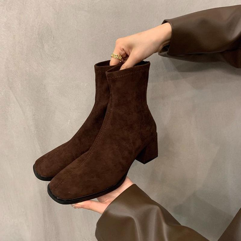 Fashion Vintage Women Slim Ankle Boots Fashion Elegant Square Toe Shoes Autumn High Heel Women's Short Booties