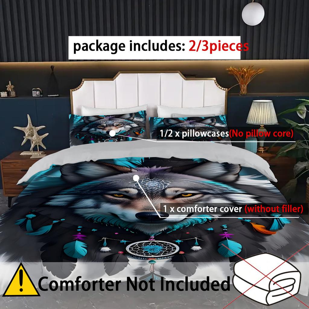 Colorful Wolf Head Pattern 3D Print Duvet Cover Soft Comfortable Dreamy Style Bedding Set Wildlife Theme Quilt Cover Pillowcases