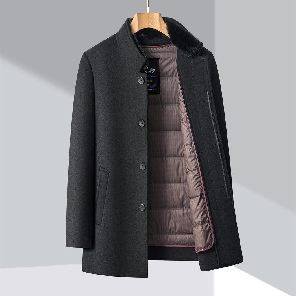 Двустороннее шерстяное пальто мужское со съемной пуховой подкладкой для людей среднего и пожилого возраста шерстяное пальто-папа с воротником-стойкой и меховым воротником