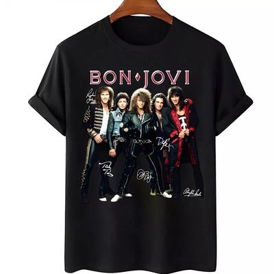 Черная Хлопковая Футболка с Автографами Участников Группы Bon Jovi Полный Размер S-5XL Унисекс Футболка