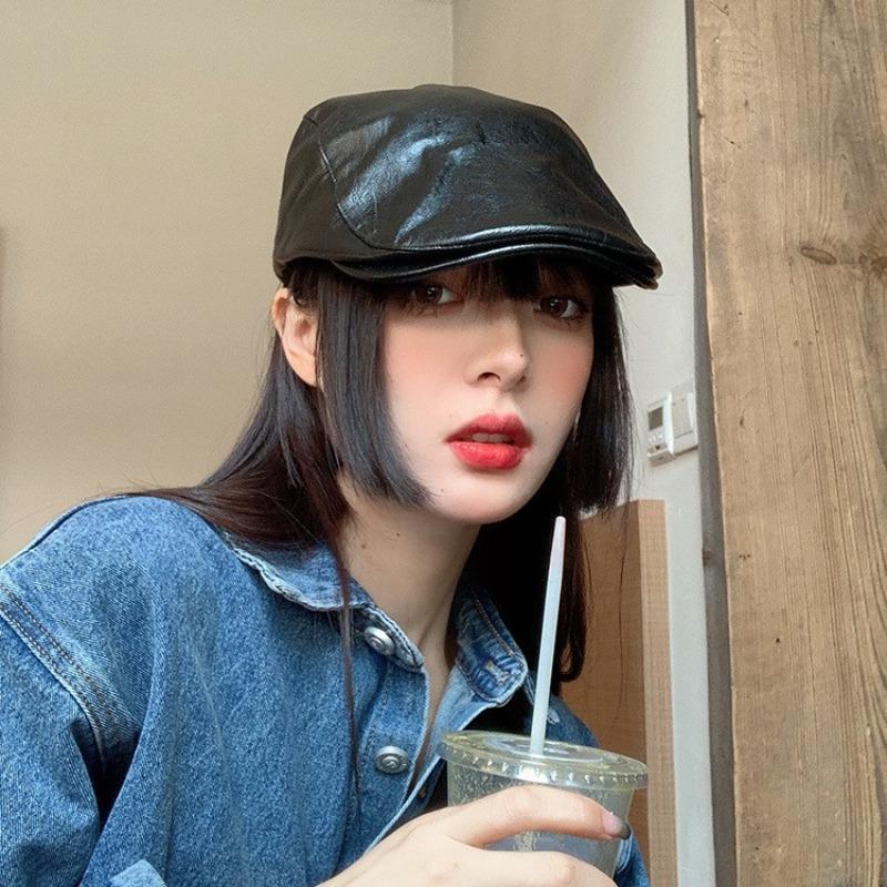 Leather Retro Hat Women's Autumn and Winter Beret Solid Color Cap Detective Hat Men's Hat