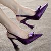 Fashion Temperament Baotou Sandals Summer New Pointed Head Shallow Mouth Satin Butterfly Knot Metal Buckle Non-slip High Heels