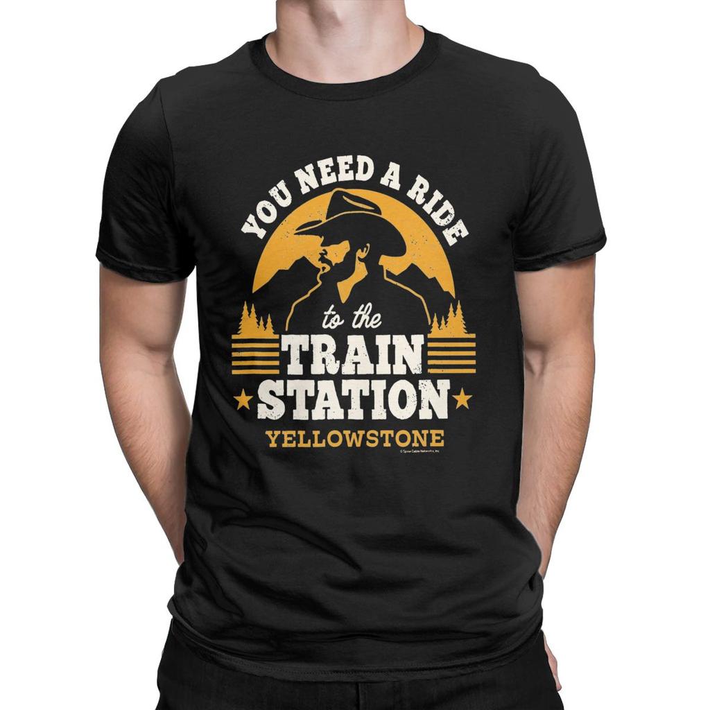 Yellow Stones Ride Train Station Men's T Shirts Vintage TV Cowboy Novelty Tee Short Sleeve Round Collar T-Shirts Cotton Adult