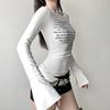 Spicy Girl Basic Knitted Slim Fit Round Neck Letter Printed Slit Long Sleeved T-shirt for Women