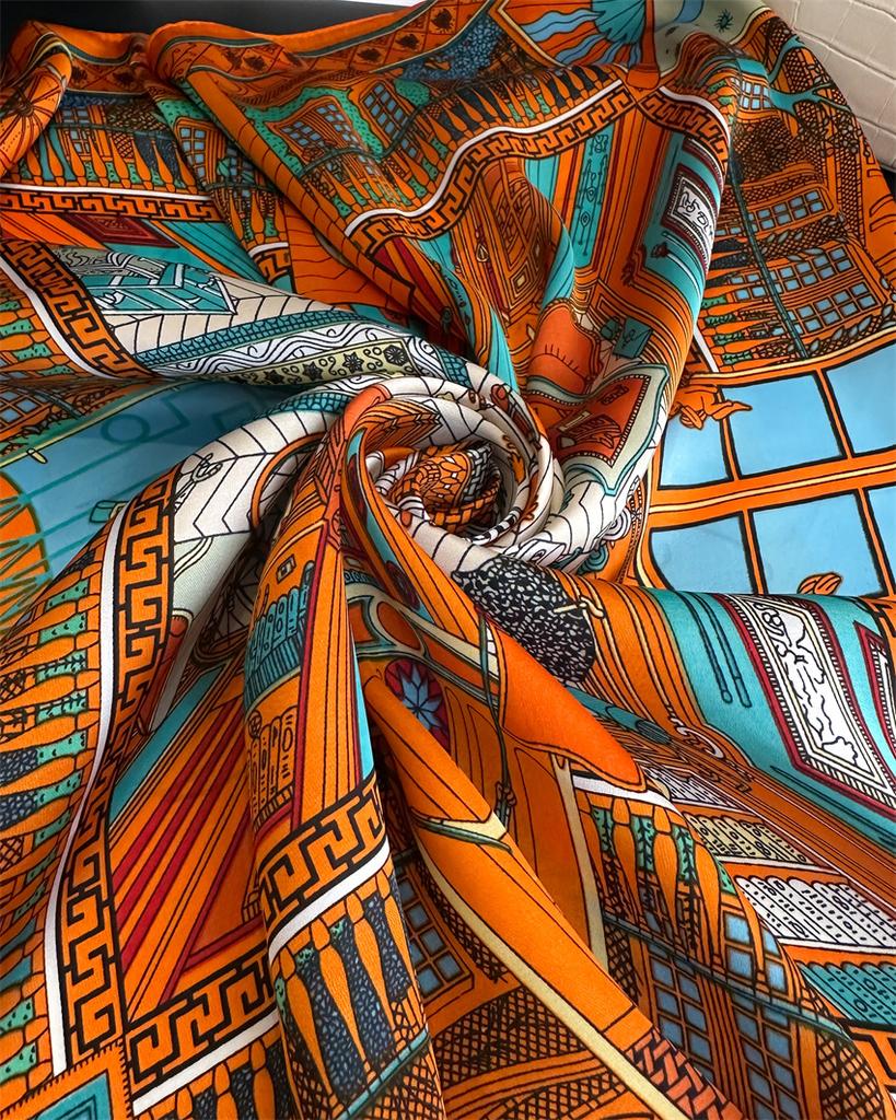 Богемный принт Маленький квадратный шарф Роскошный имитированный шелк Тонкий шейный платок Геометрические линии Солнцезащитная косынка для женщин