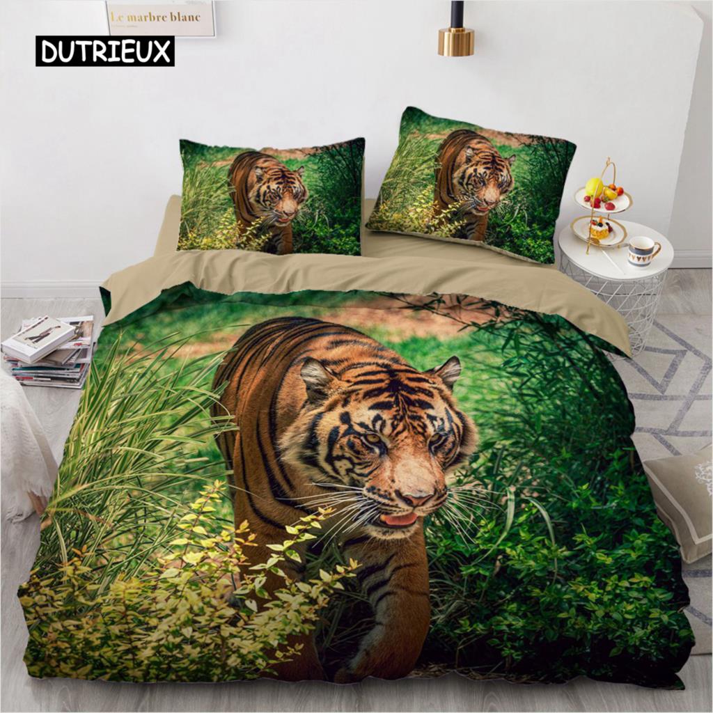 Комплект постельного белья 3D, черный пододеяльник, комплект стеганого одеяла, наволочка, размер King Queen, полиэстер с принтом тигра и животных