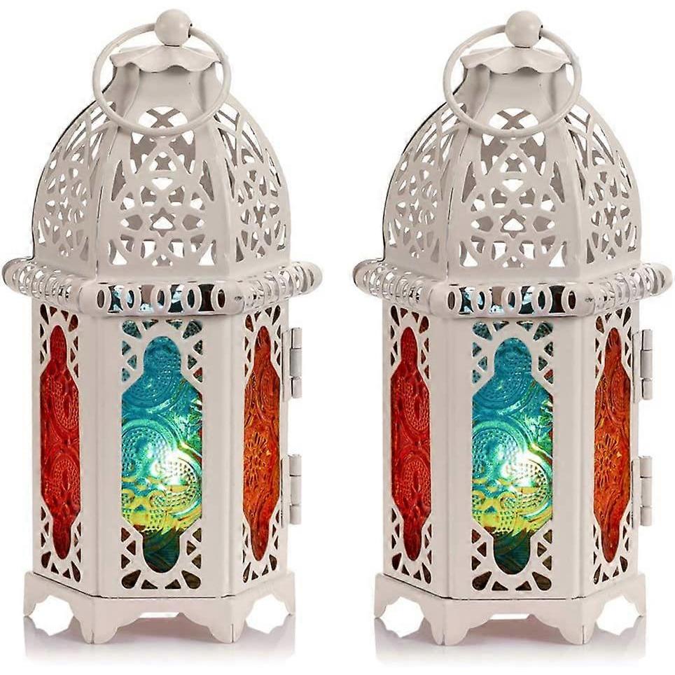 2 Piece Moroccan Style Candle Lights - Small Tea Light Candle Holder with Stained Glass Panel