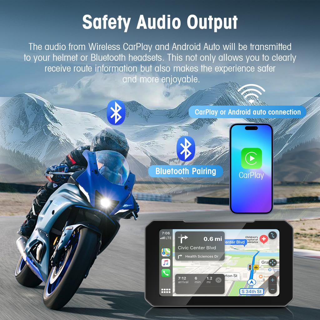 Ezonetronics 5-дюймовый сенсорный экран для мотоцикла CarPlay, поддержка записи с двух камер, с беспроводным CarPlay и Android Auto, IP67