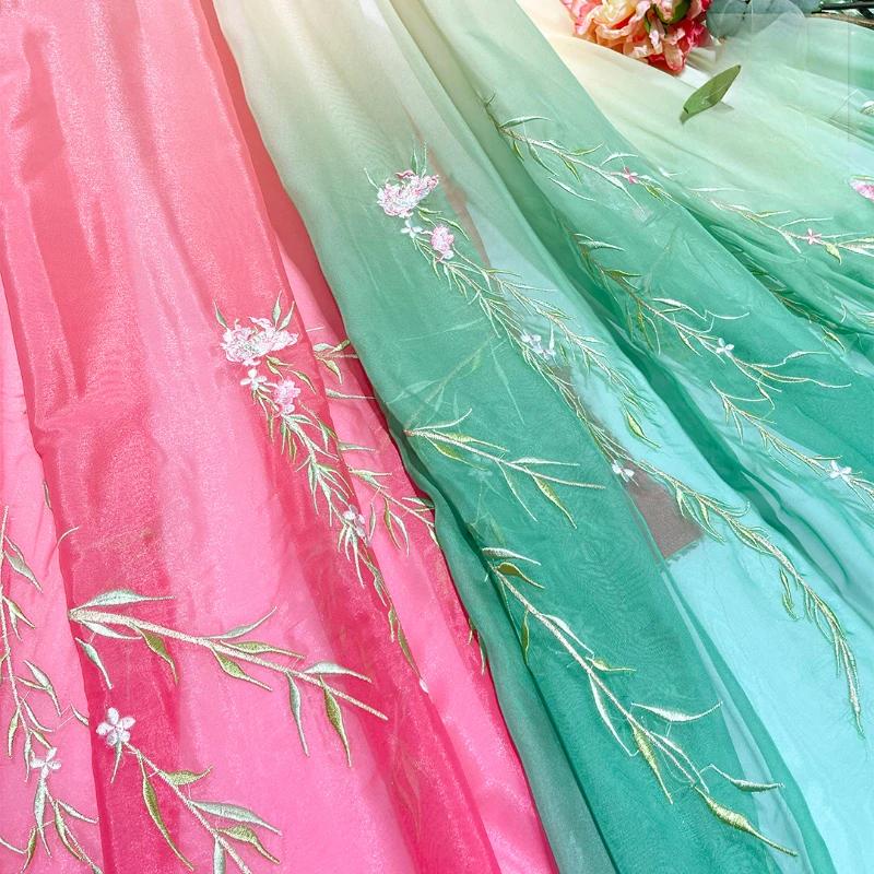 100x150 см Hanfu Guofeng Ruqun Gradient Heavy Industry Вышитая ткань с вышитыми листьями ивы Дизайнерская ткань для самостоятельного изготовления