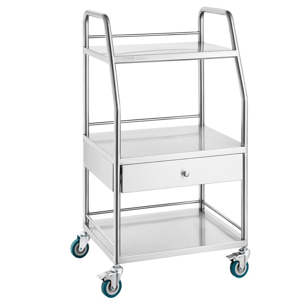 VEVOR Lab Serving Cart, 3 Layers Stainless Steel Utility Rolling Cart, Medical Cart with A Drawer, Dental Utility Cart with Lockable Wheels