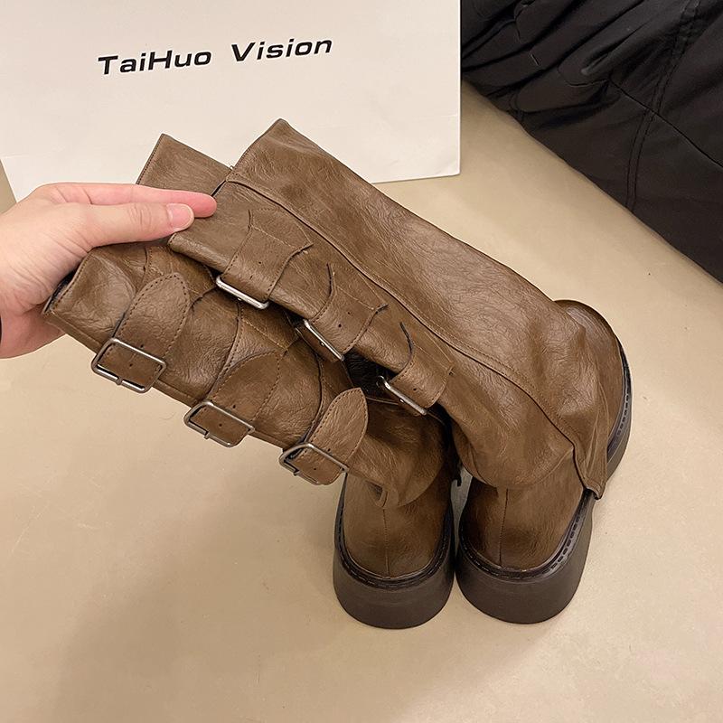 Винтажные европейские и американские дамы мятые сапоги женские 2024 новые дорожные сапоги толстые модные сапоги женские