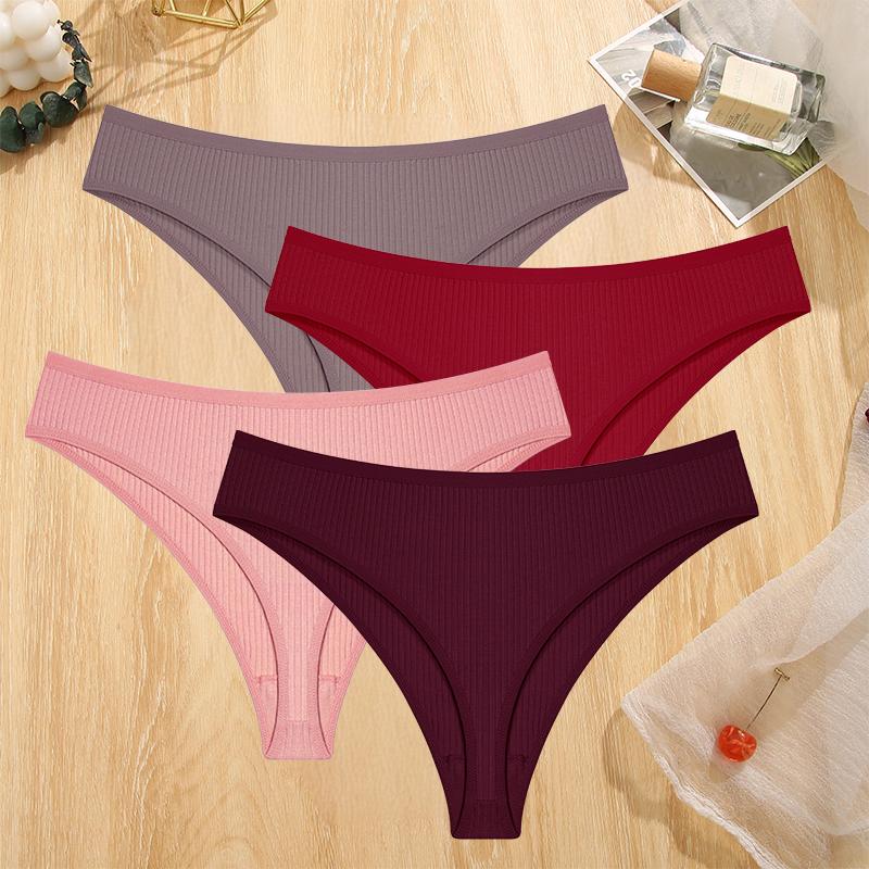 FINETOO 4PCS Cotton Briefs for Lady Sexy Low-Waist Brazilian Panties Female Soft G-String Underwear T-Back Solid Lingerie Bikini