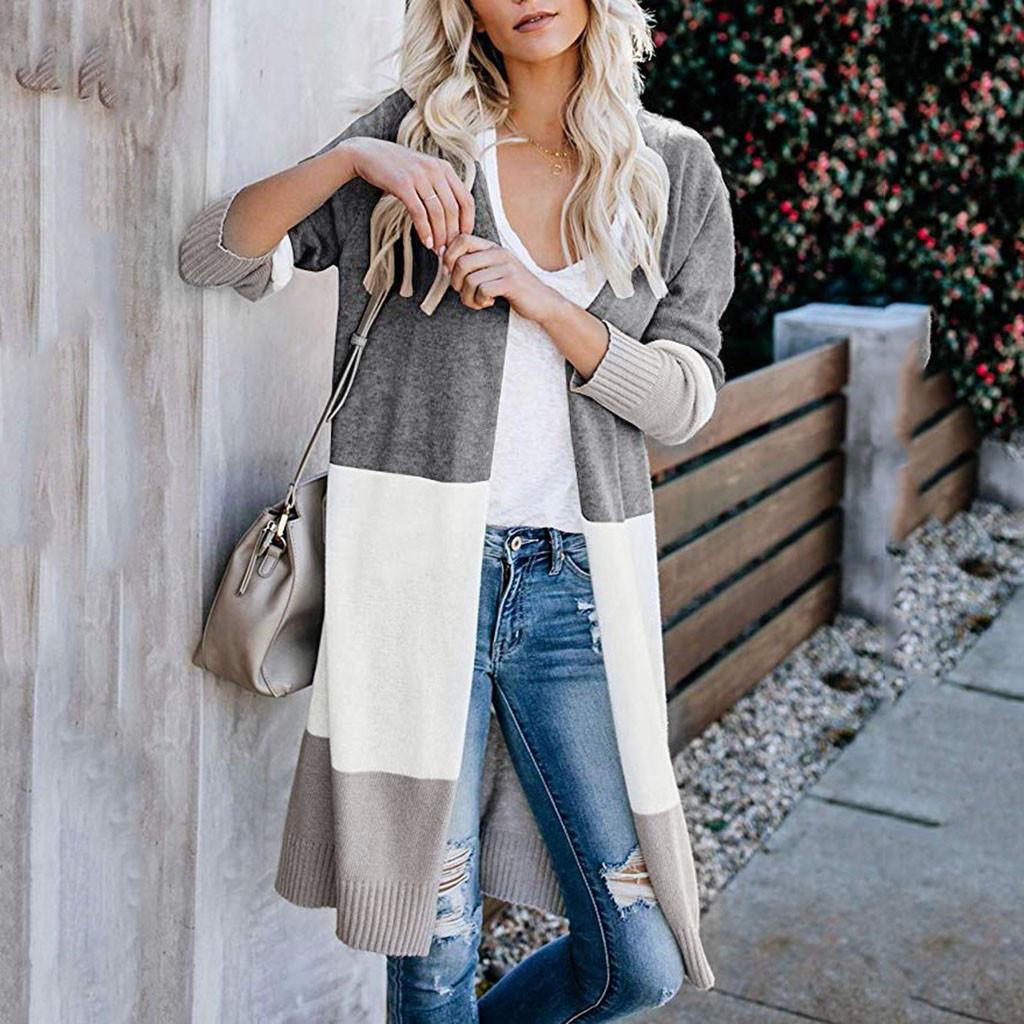 Женский многоцветный полосатый лоскутный модный кардиган с длинным рукавом