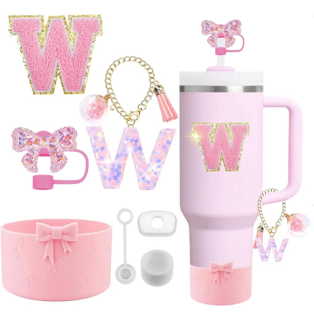 7PCS Pink Accessories for Stanley Cup 30/40 Oz Tumbler with Handle Bow Straw Topper Cover Cap Boot Initials Charm Letter Sticker