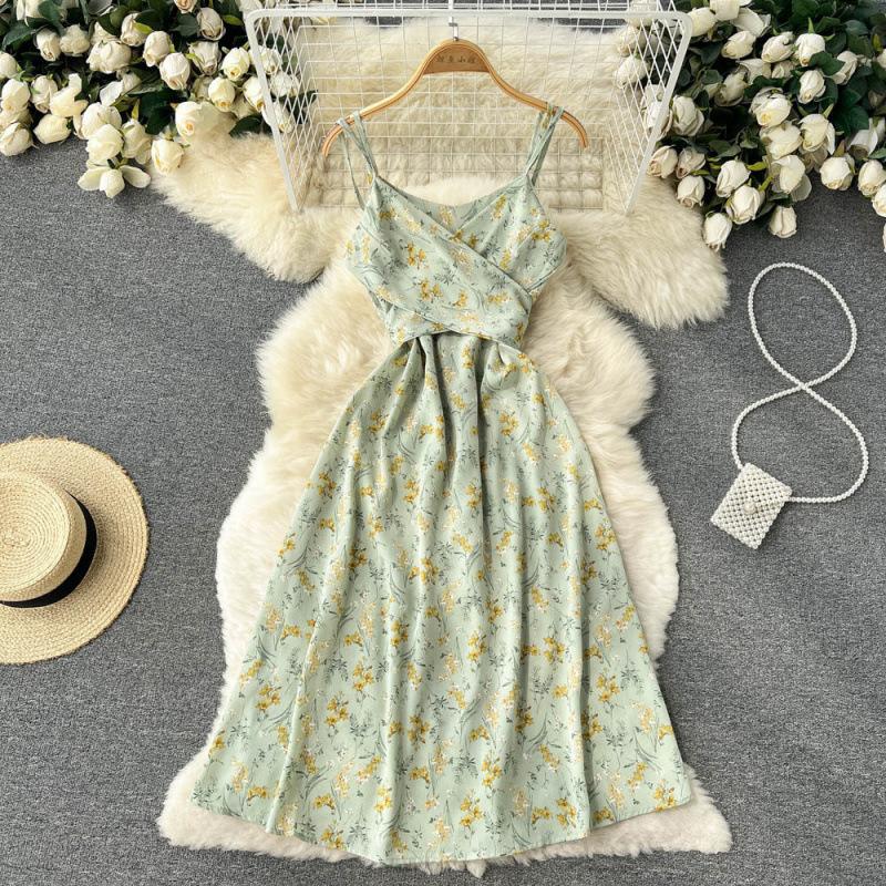 Gentle wind literary and sweet collar waist retro floral suspender skirt medium and long thin versatile Platycodon fairy skirt