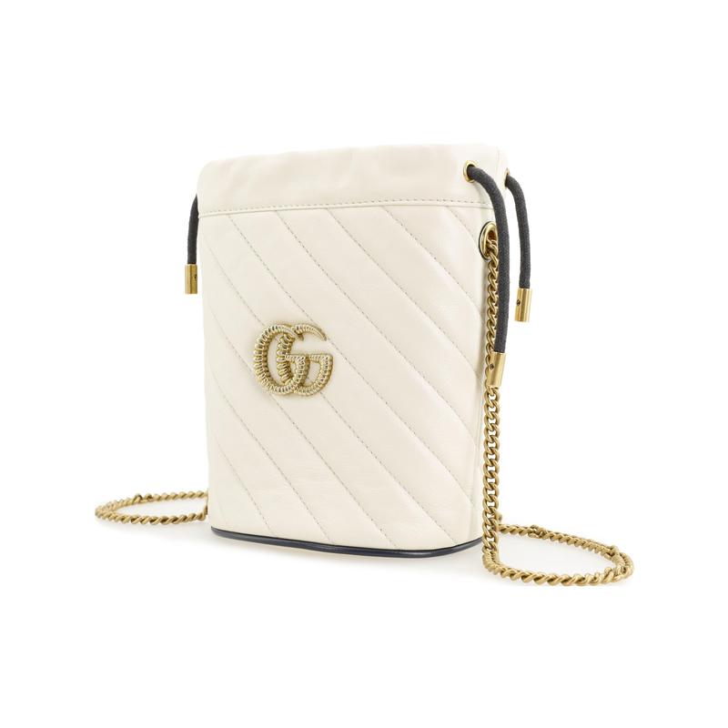Gucci crossbody bag GG Marmont distressed Marmont gold label logo color-blocked piping drawstring quilted chain cowhide shoulder mini women's white