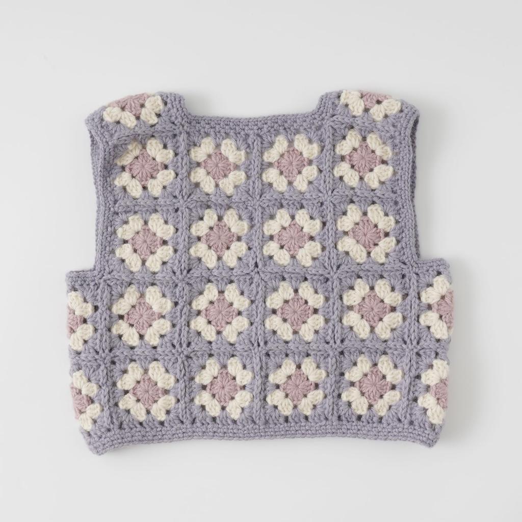 Raw Wool Knitting Kit Motif Connected Baby Vest #4-6B V-Neck (Gray)