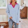 Women's Autumn and Winter Loose Casual POLO Collar Striped Long Sleeve Sweatshirt