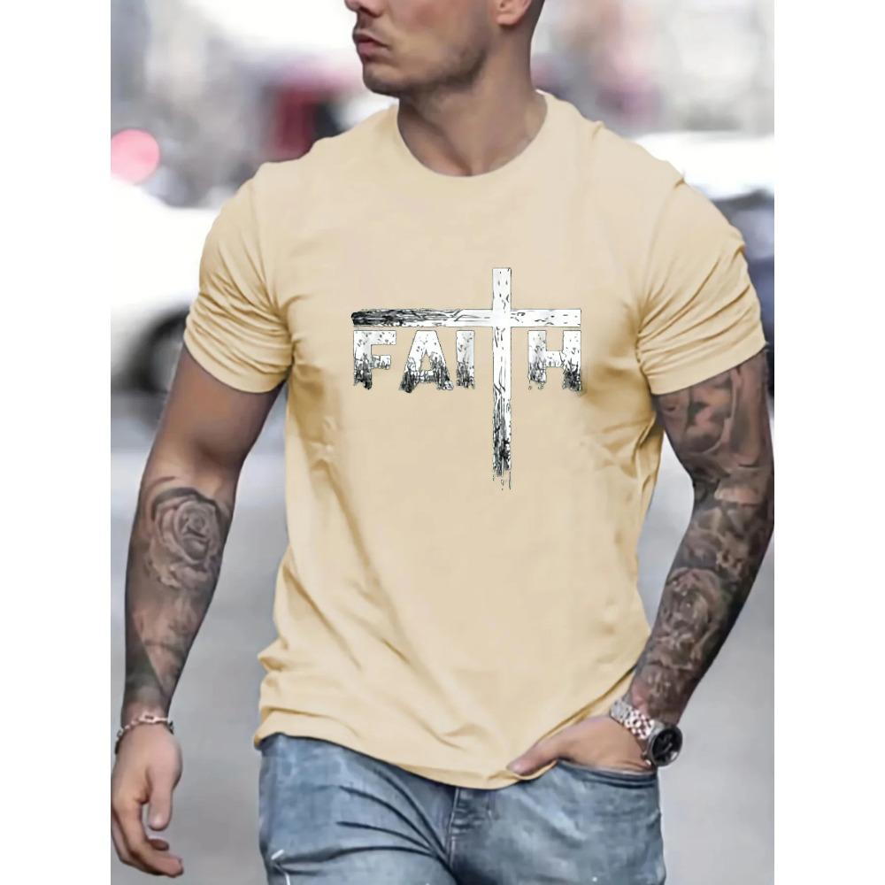 Men's Summer 100% Cotton Faith Print Loose Large Casual Round Neck Short Sleeve T-shirt