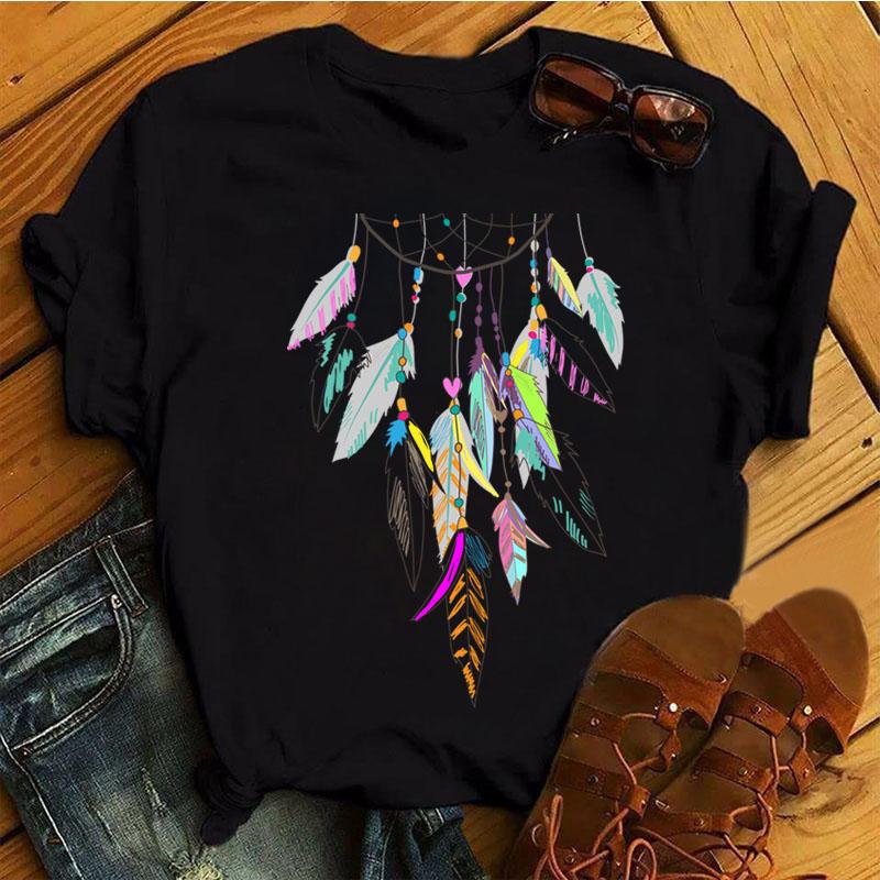 Women Black T Shirt Watercolor Dreamcatcher Printed Tops Tee Female Casual Tops Ladies Fashion T-shirt Woman Tops Tee Clothe