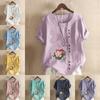 Women's Fashion Round Neck Short Sleeve T-shirt Casual Cotton Linen Graphic Shirt Leisure Loose Flowers Prined Summer Blouse Tops