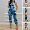 Square Collar Off Shoulder Ladies Jumpsuit Sleeveless Lace-up Pockets Flower Pattern Long Playsuits Overalls Streetwear