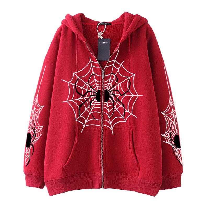 Spring and Autumn Women's Fashion Spider Web Printed Hooded Casual Jacket