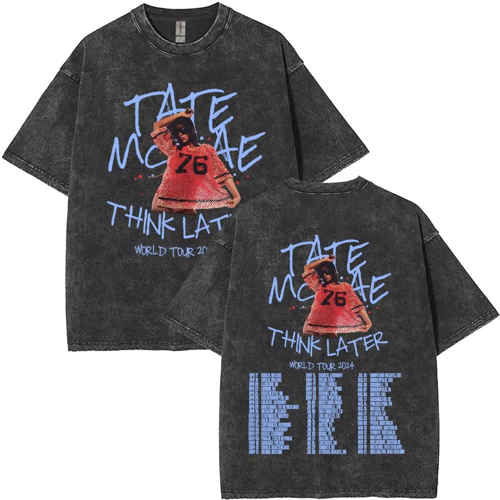 Washed Vintage Singer Tate Mcrae The Think Later World Tour T Shirt Men Women Fashion Trend Oversized Tshirts Streetwear Unisex