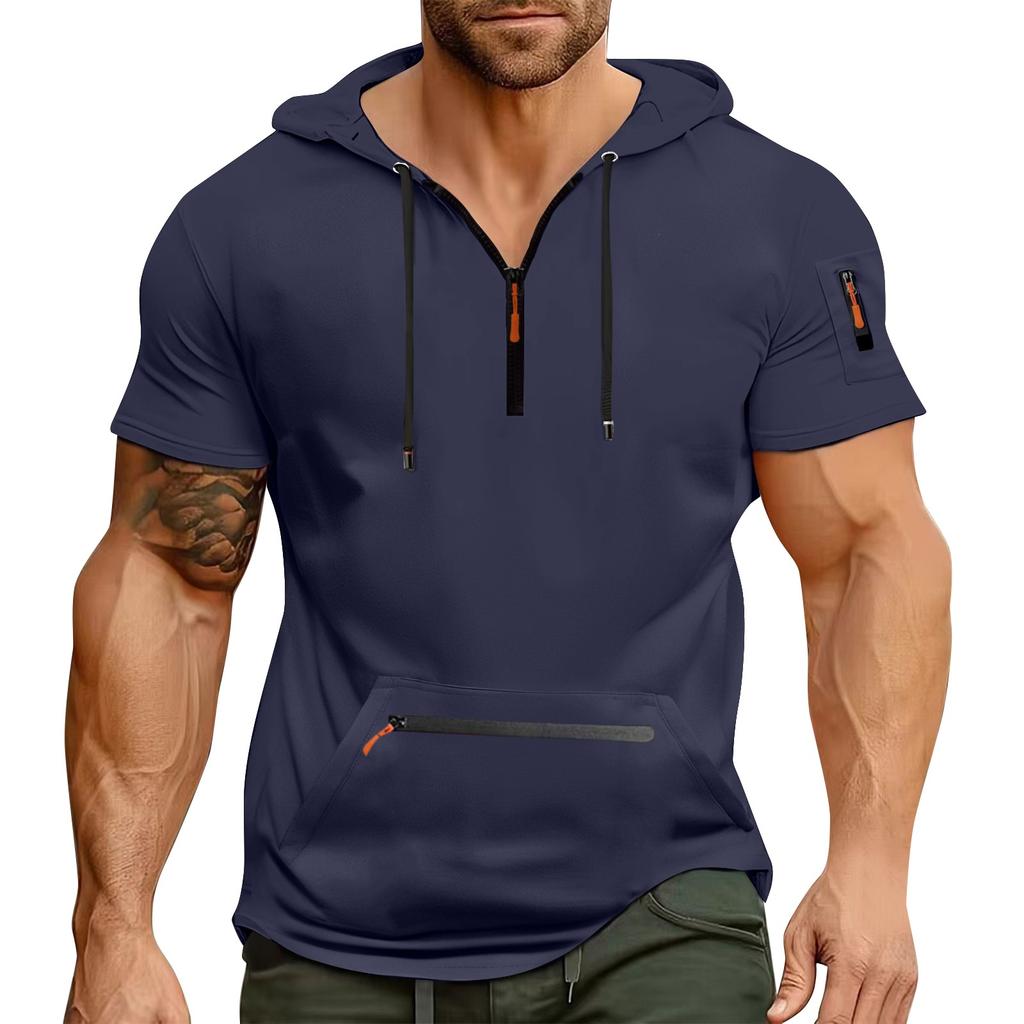 Мужская летняя рубашка с карманом на молнии, коротким рукавом, с капюшоном, мужская спортивная повседневная толстовка большого размера