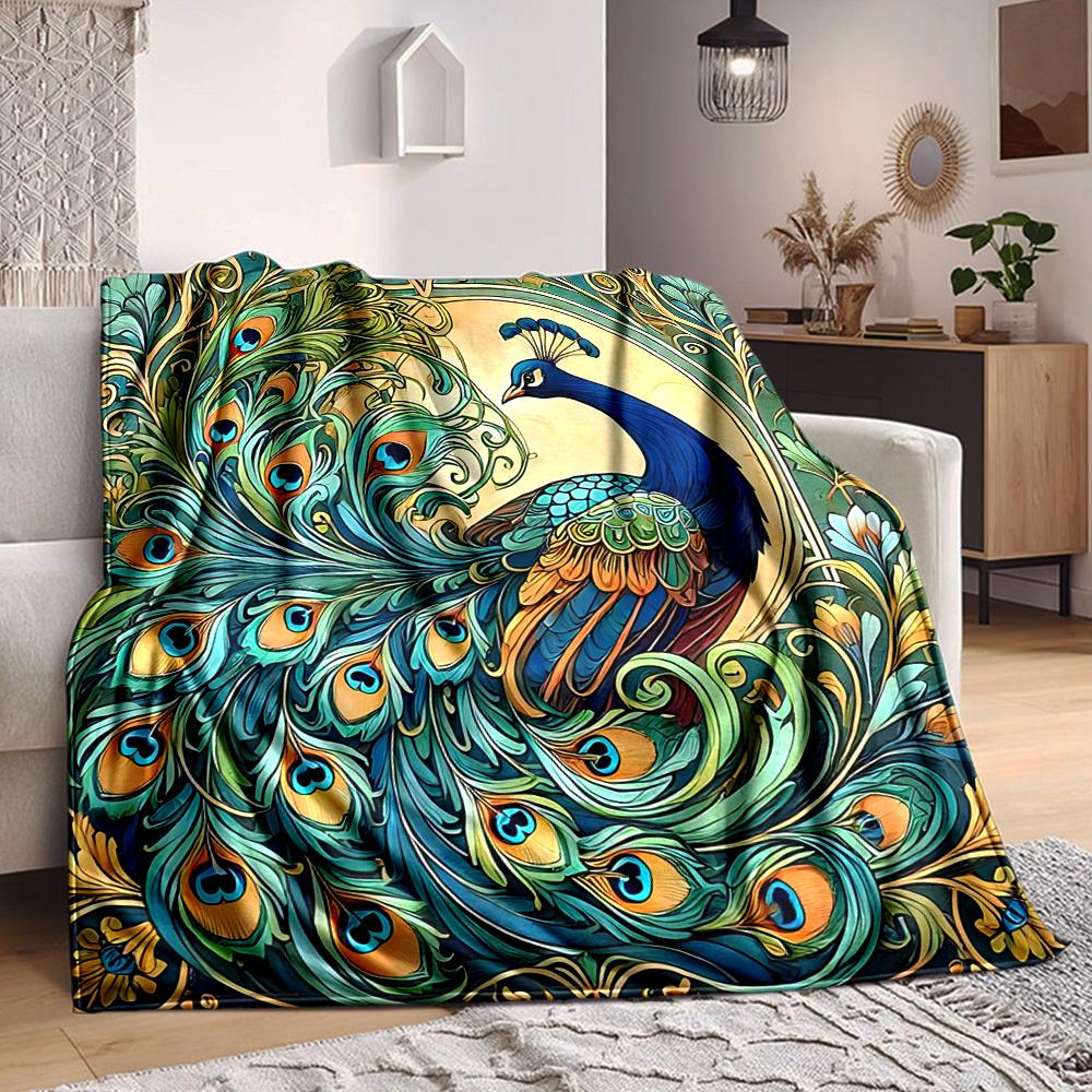 1pc Peacock Art Lightweight Flannel Blanket, Comfortable and Warm Blanket, for Office and Camping Sofa Bed, Livingroom193
