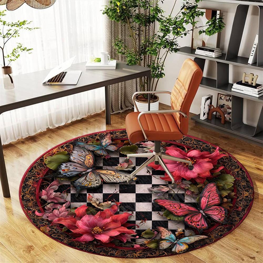 1PC butterfly flowers Office Round Area Rug, Under Office Chairs Bedroom Living Room Home Decor, Carpet for Office -1110142