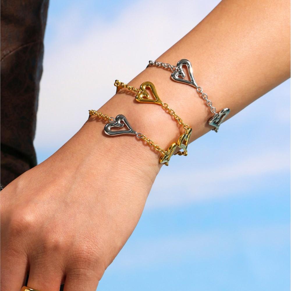 Много сердечек Браслеты-ожерелья из нержавеющей стали с покрытием 18 карат Золотом Не тускнеющая цепочка Сочетающиеся браслеты для женщин